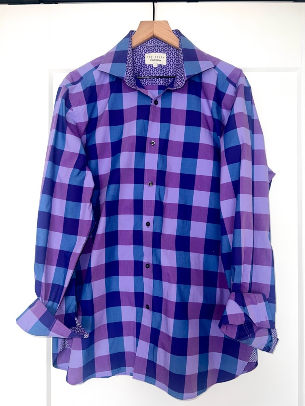 TED BAKER purple, lilac, and blue plaid button-down shirt, size 17